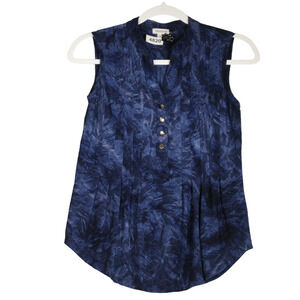 Westport Blouse Women Size XS Petite Blue Batik Floral V neck Sleeveless Stretch